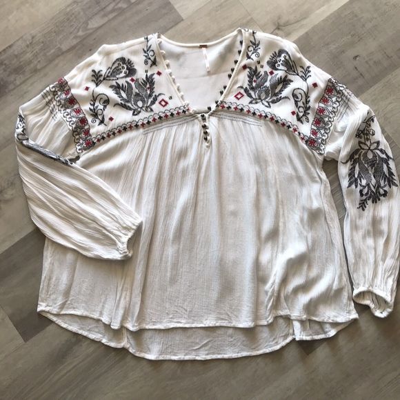 Free People Sm Rock It Tonight Floral Embroidered Lng Sleeve Boho Hippie Peasant - Picture 4 of 12